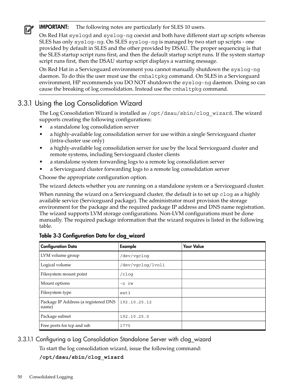 1 using the log consolidation wizard, Configuration data for clog_wizard | HP Linux Server Management Software User Manual | Page 50 / 98