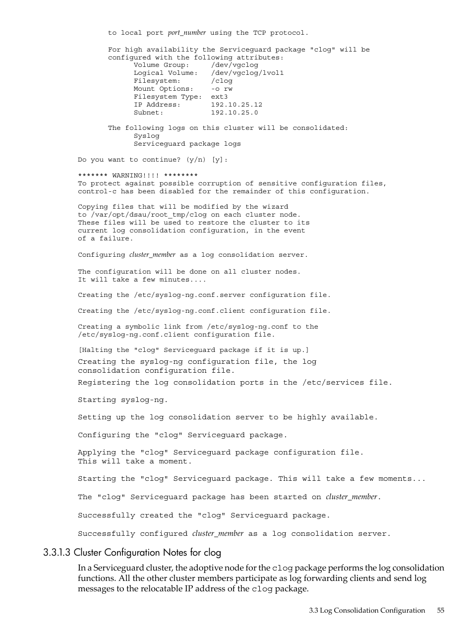 3 cluster configuration notes for clog | HP Linux Server Management Software User Manual | Page 55 / 98