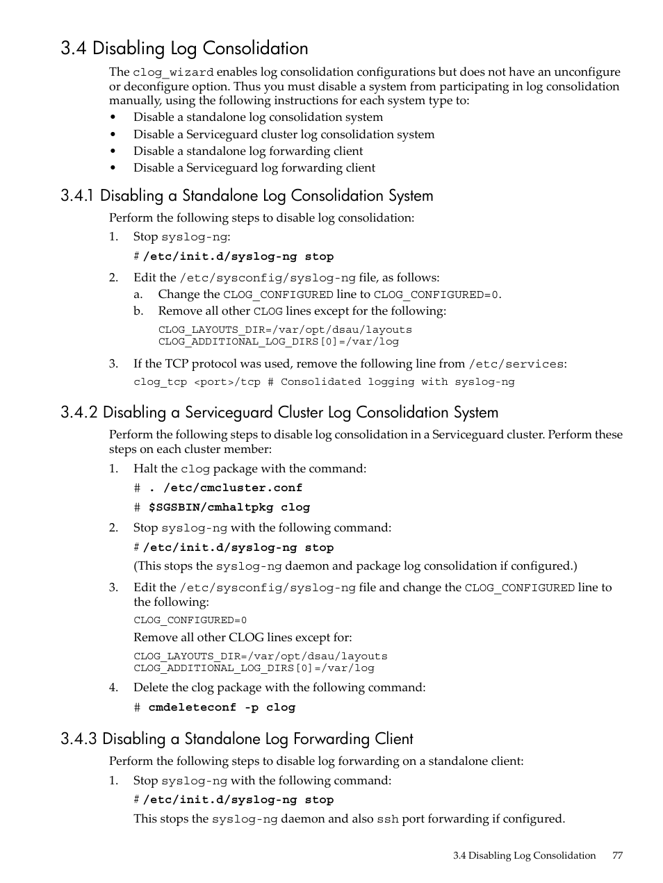 4 disabling log consolidation, 1 disabling a standalone log consolidation system, 3 disabling a standalone log forwarding client | HP Linux Server Management Software User Manual | Page 77 / 98