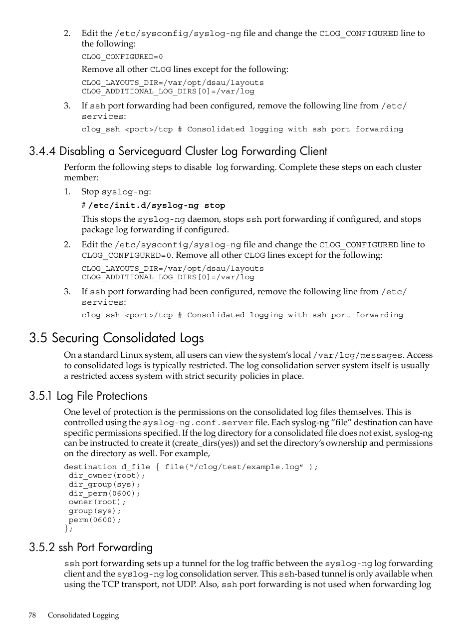 5 securing consolidated logs, 1 log file protections, 2 ssh port forwarding | 1 log file protections 3.5.2 ssh port forwarding, Ssh port | HP Linux Server Management Software User Manual | Page 78 / 98