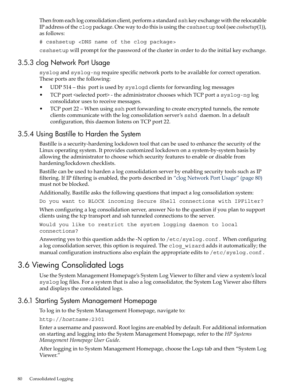 3 clog network port usage, 4 using bastille to harden the system, 6 viewing consolidated logs | 1 starting system management homepage | HP Linux Server Management Software User Manual | Page 80 / 98