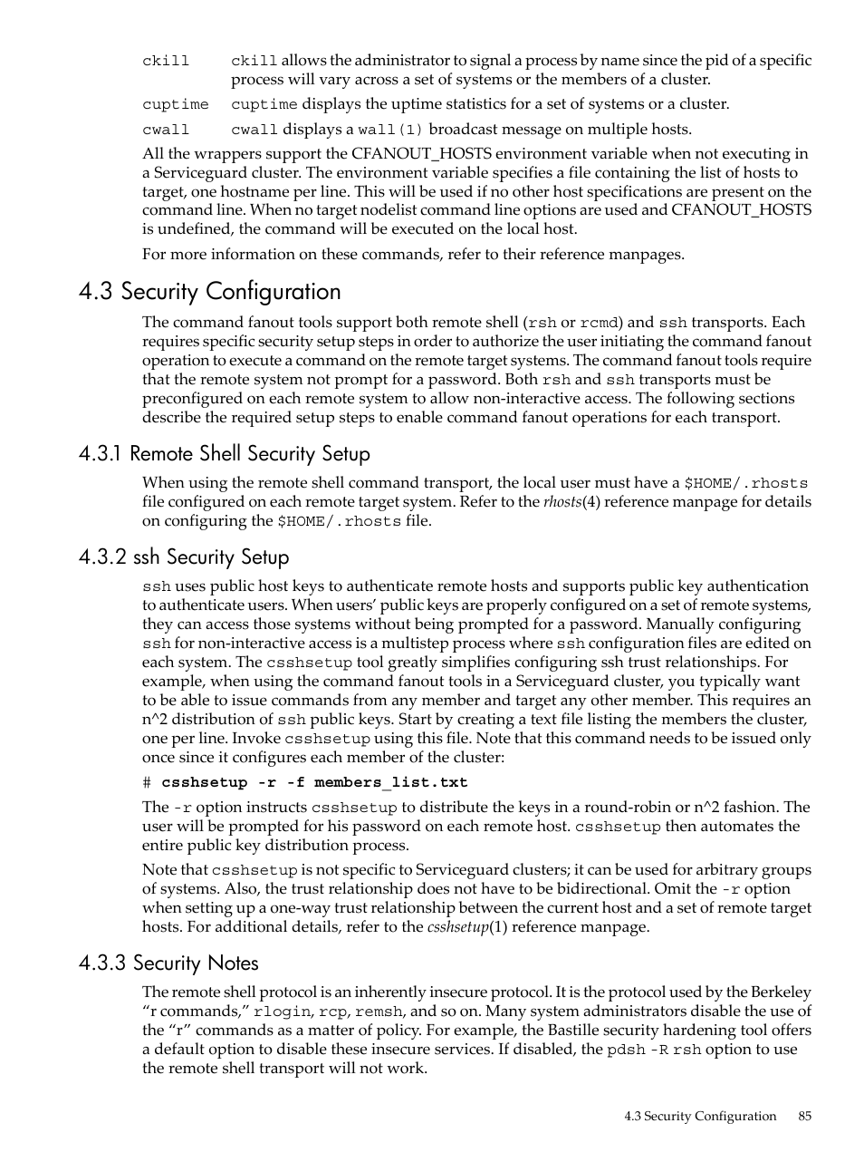 3 security configuration, 1 remote shell security setup, 2 ssh security setup | 3 security notes | HP Linux Server Management Software User Manual | Page 85 / 98