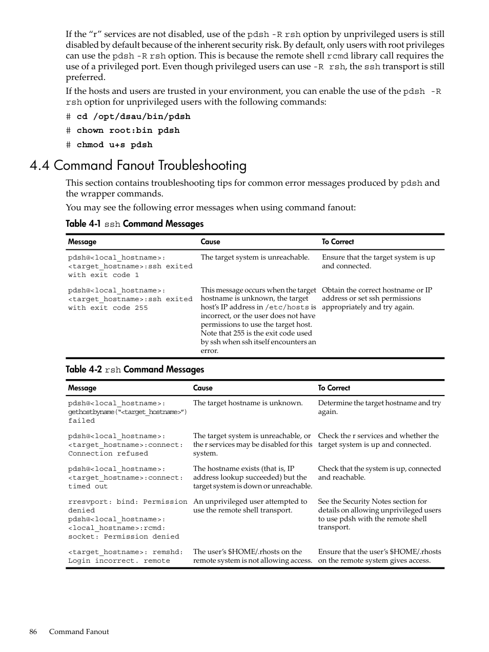 4 command fanout troubleshooting, Command messages | HP Linux Server Management Software User Manual | Page 86 / 98