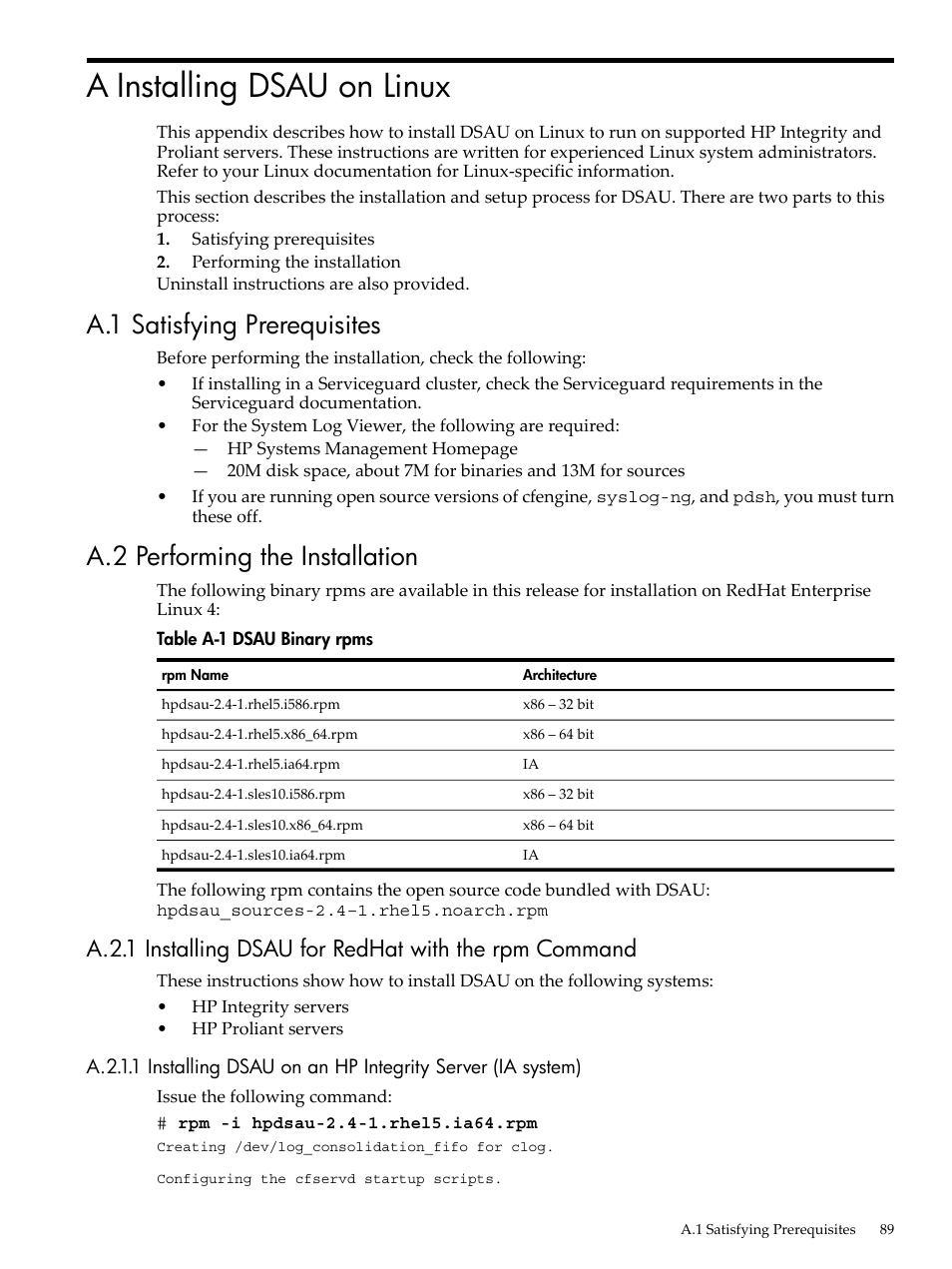 A installing dsau on linux, A.1 satisfying prerequisites, A.2 performing the installation | Dsau binary rpms | HP Linux Server Management Software User Manual | Page 89 / 98