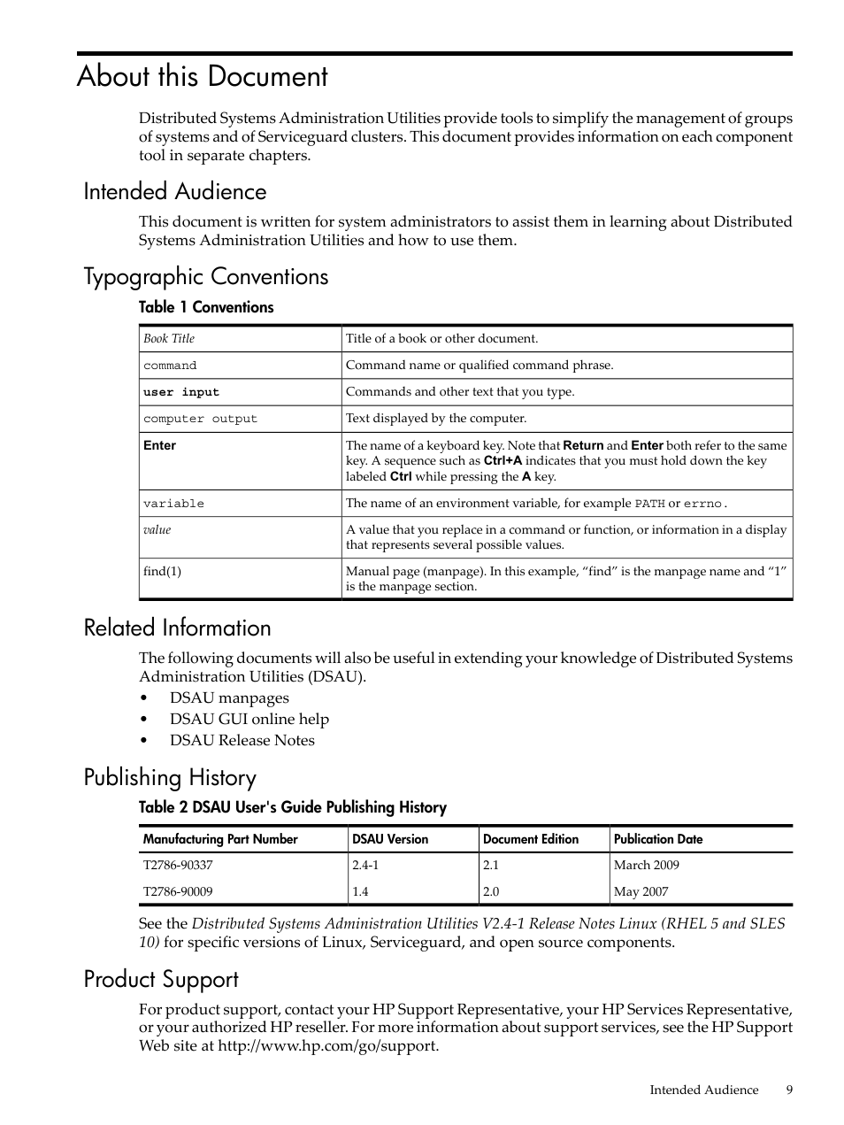 About this document, Intended audience, Typographic conventions | Related information, Publishing history, Product support, Conventions, Dsau user's guide publishing history | HP Linux Server Management Software User Manual | Page 9 / 98