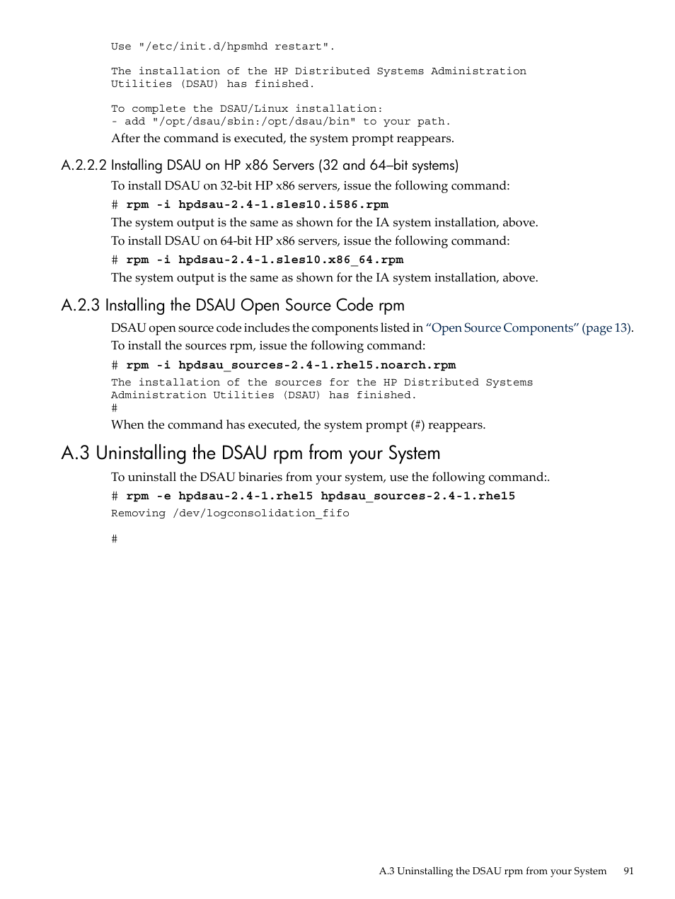 A.2.3 installing the dsau open source code rpm, A.3 uninstalling the dsau rpm from your system | HP Linux Server Management Software User Manual | Page 91 / 98