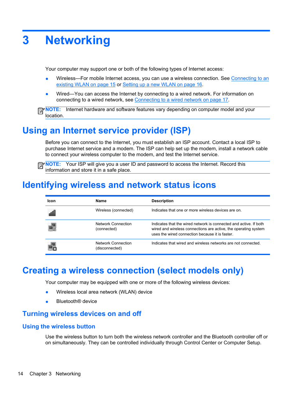Networking, Using an internet service provider (isp), Identifying wireless and network status icons | Turning wireless devices on and off, Using the wireless button, 3 networking, 3networking | HP ProBook 450 G1 Notebook PC User Manual | Page 24 / 95