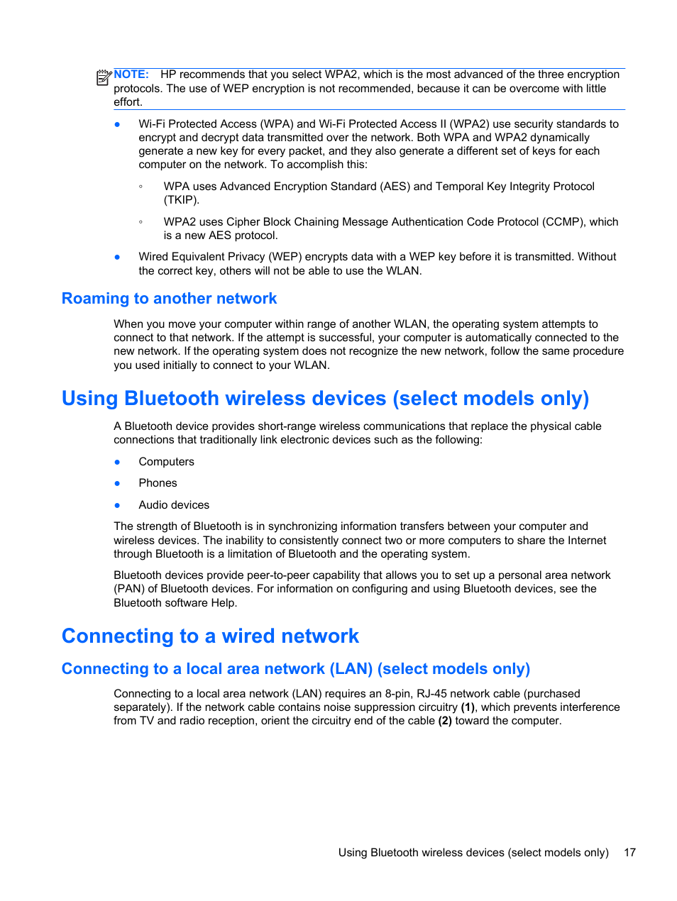 Roaming to another network, Connecting to a wired network | HP ProBook 450 G1 Notebook PC User Manual | Page 27 / 95