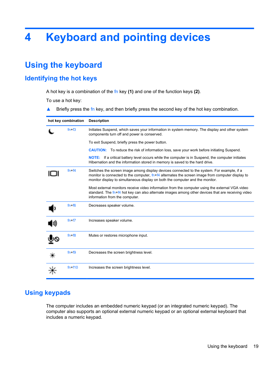 Keyboard and pointing devices, Using the keyboard, Identifying the hot keys | Using keypads, 4 keyboard and pointing devices, Identifying the hot keys using keypads, 4keyboard and pointing devices | HP ProBook 450 G1 Notebook PC User Manual | Page 29 / 95