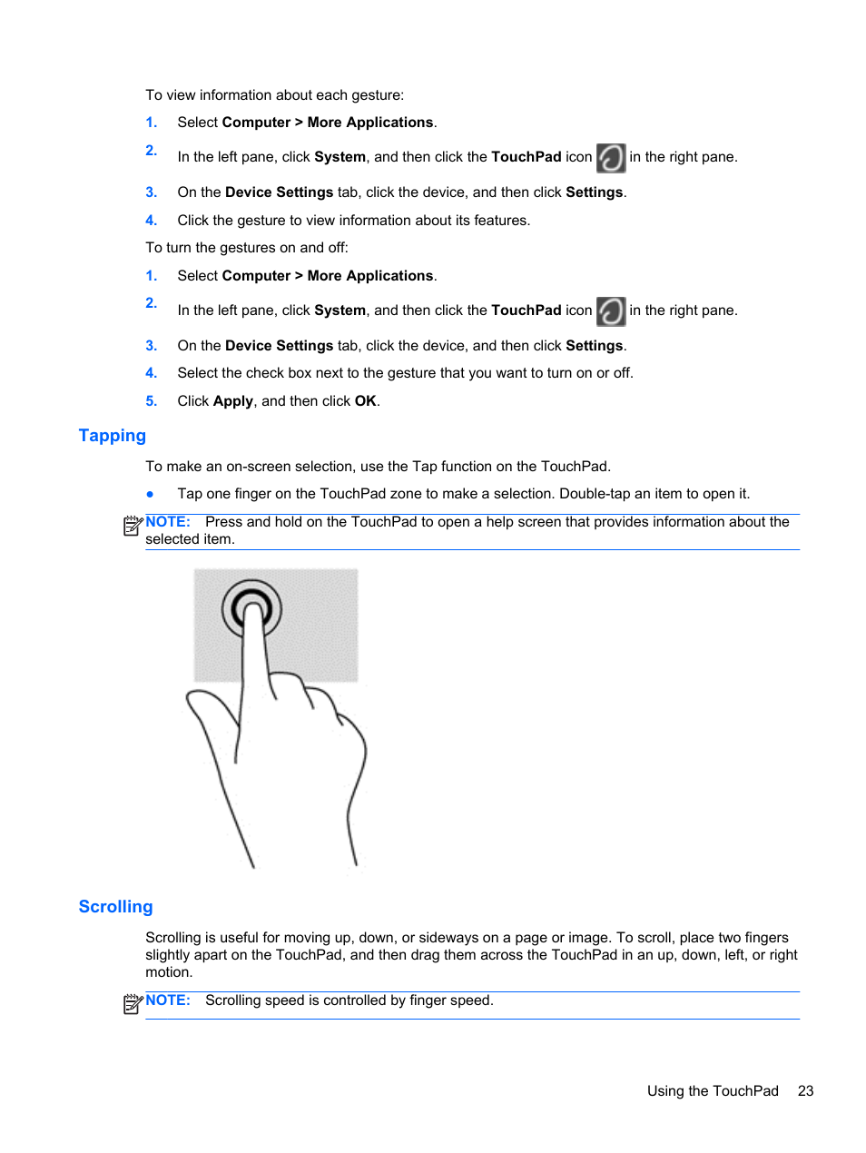 Tapping, Scrolling, Tapping scrolling | HP ProBook 450 G1 Notebook PC User Manual | Page 33 / 95