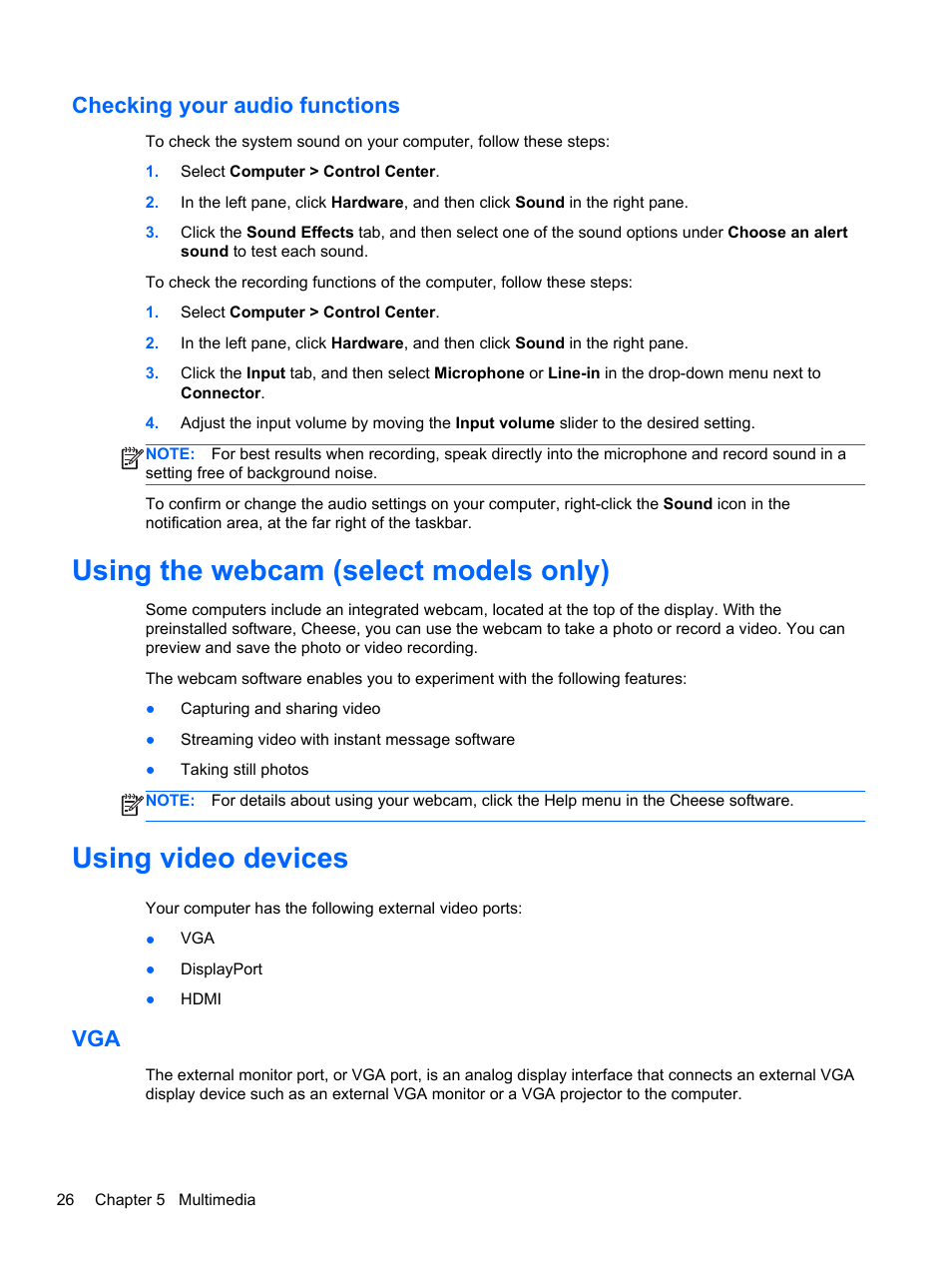 Checking your audio functions, Using the webcam (select models only), Using video devices | HP ProBook 450 G1 Notebook PC User Manual | Page 36 / 95