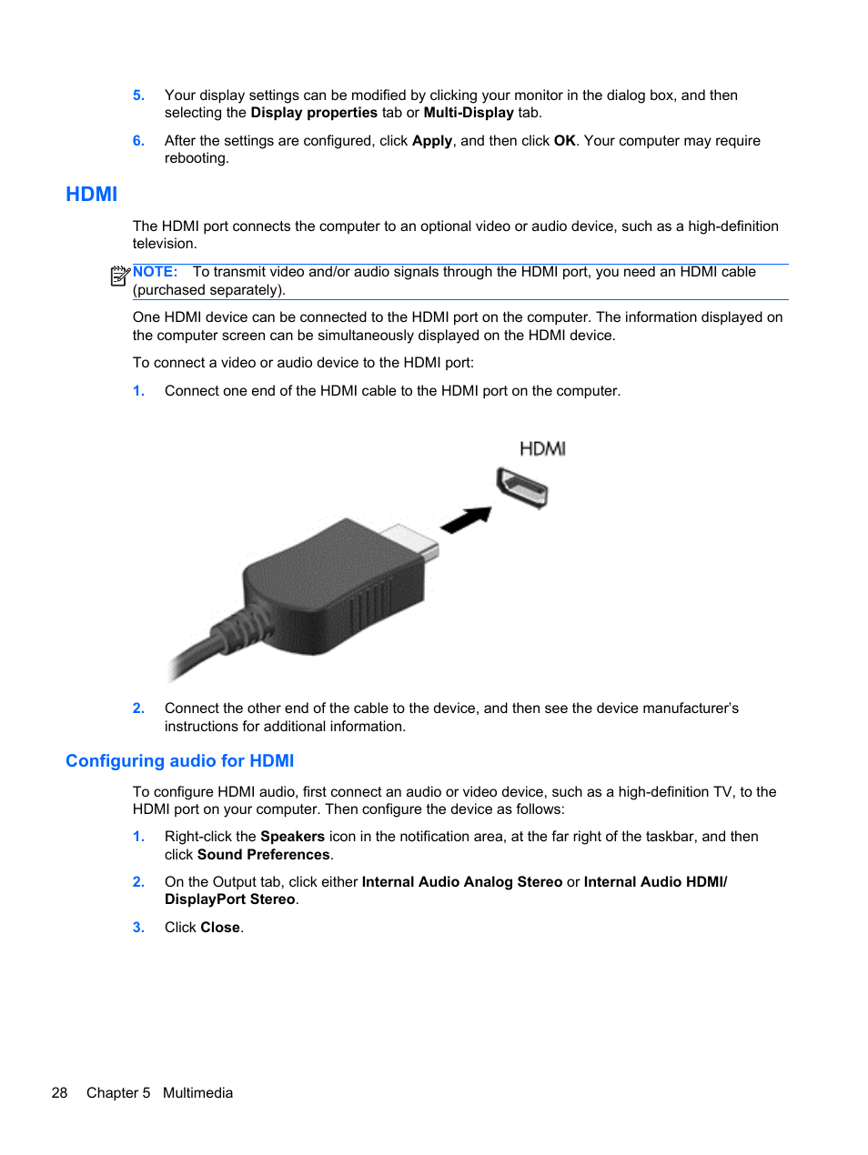 Hdmi, Configuring audio for hdmi | HP ProBook 450 G1 Notebook PC User Manual | Page 38 / 95