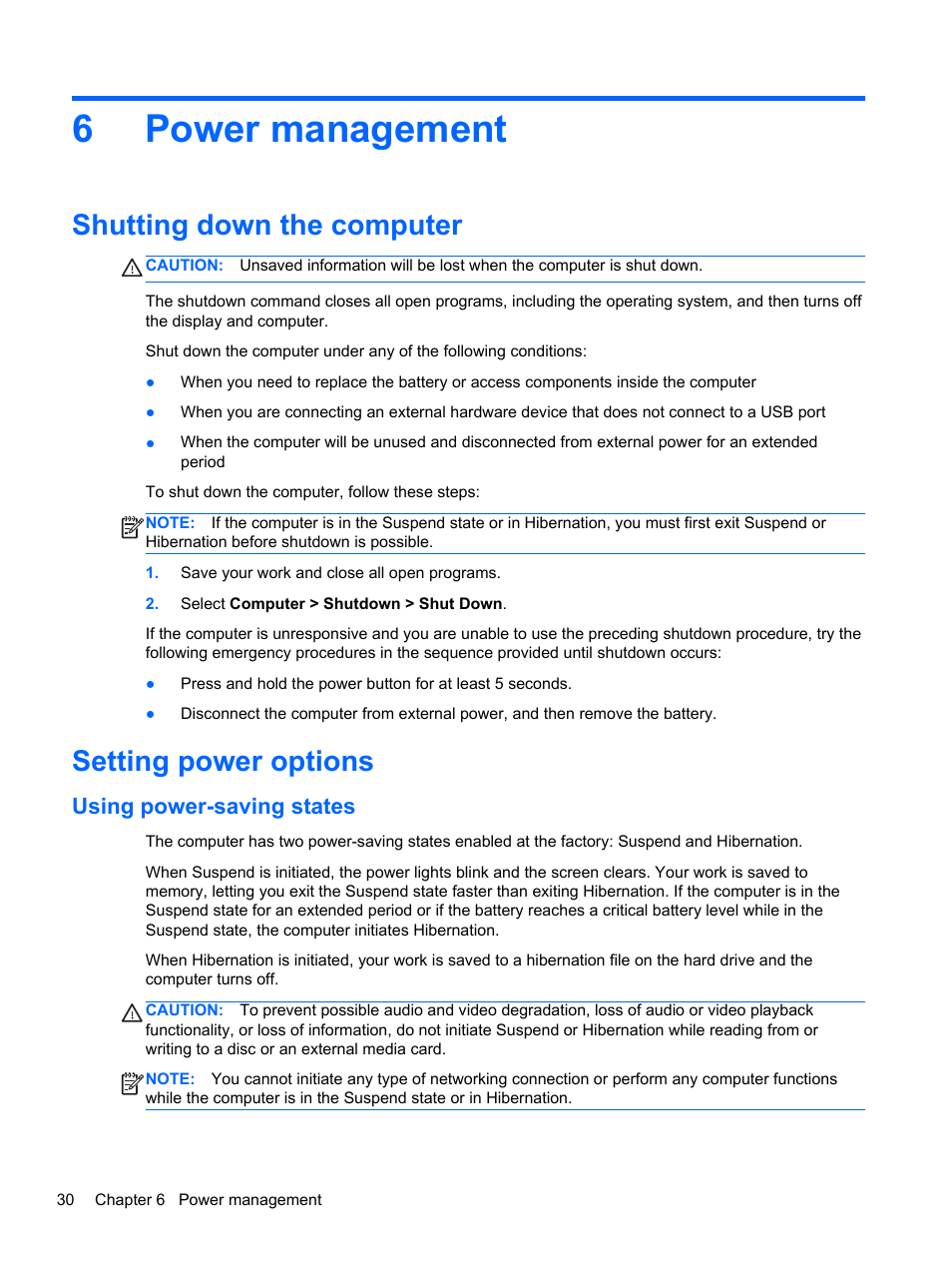 Power management, Shutting down the computer, Setting power options | Using power-saving states, 6 power management, Shutting down the computer setting power options, 6power management | HP ProBook 450 G1 Notebook PC User Manual | Page 40 / 95