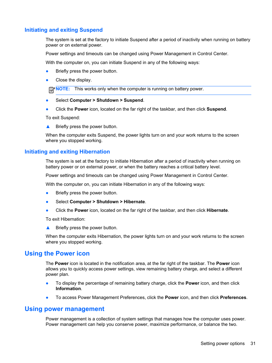 Initiating and exiting suspend, Initiating and exiting hibernation, Using the power icon | Using power management, Using the power icon using power management | HP ProBook 450 G1 Notebook PC User Manual | Page 41 / 95