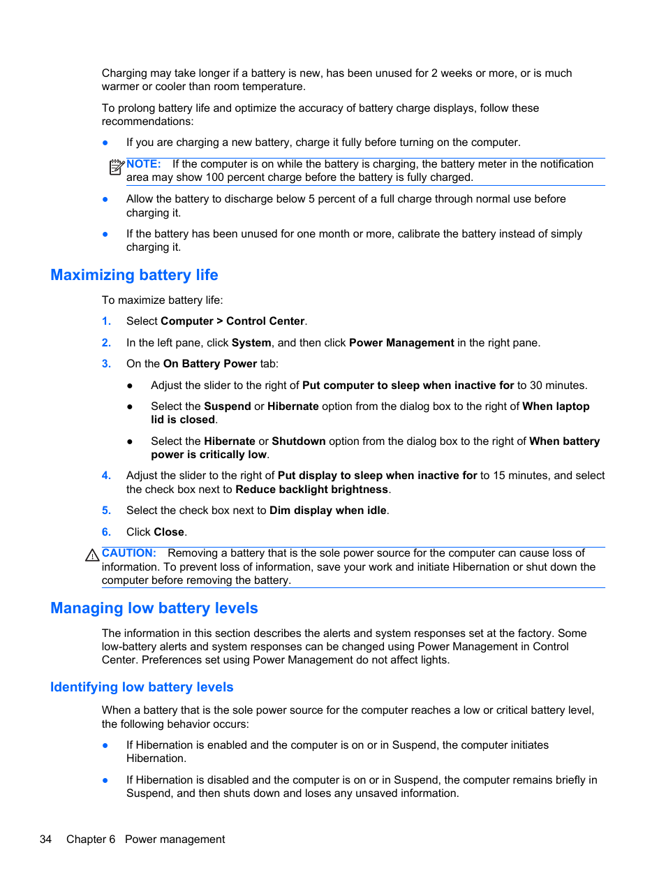 Maximizing battery life, Managing low battery levels, Identifying low battery levels | HP ProBook 450 G1 Notebook PC User Manual | Page 44 / 95