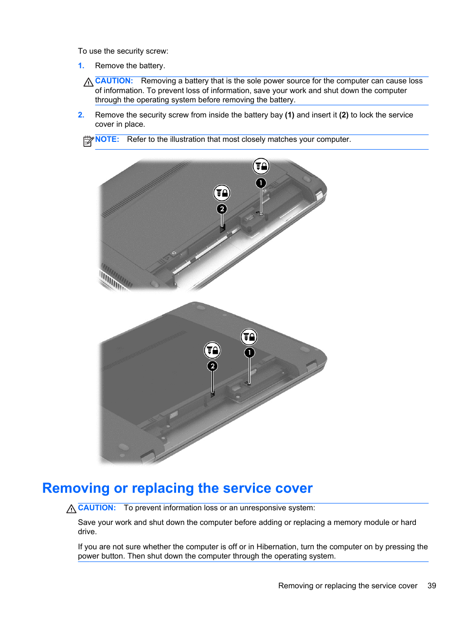 Removing or replacing the service cover | HP ProBook 450 G1 Notebook PC User Manual | Page 49 / 95