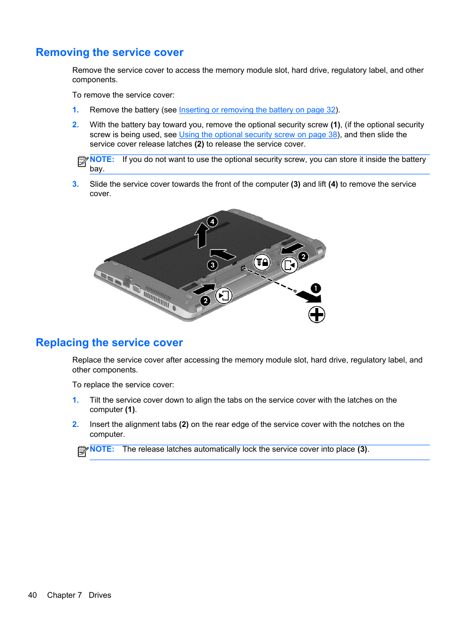 Removing the service cover, Replacing the service cover | HP ProBook 450 G1 Notebook PC User Manual | Page 50 / 95
