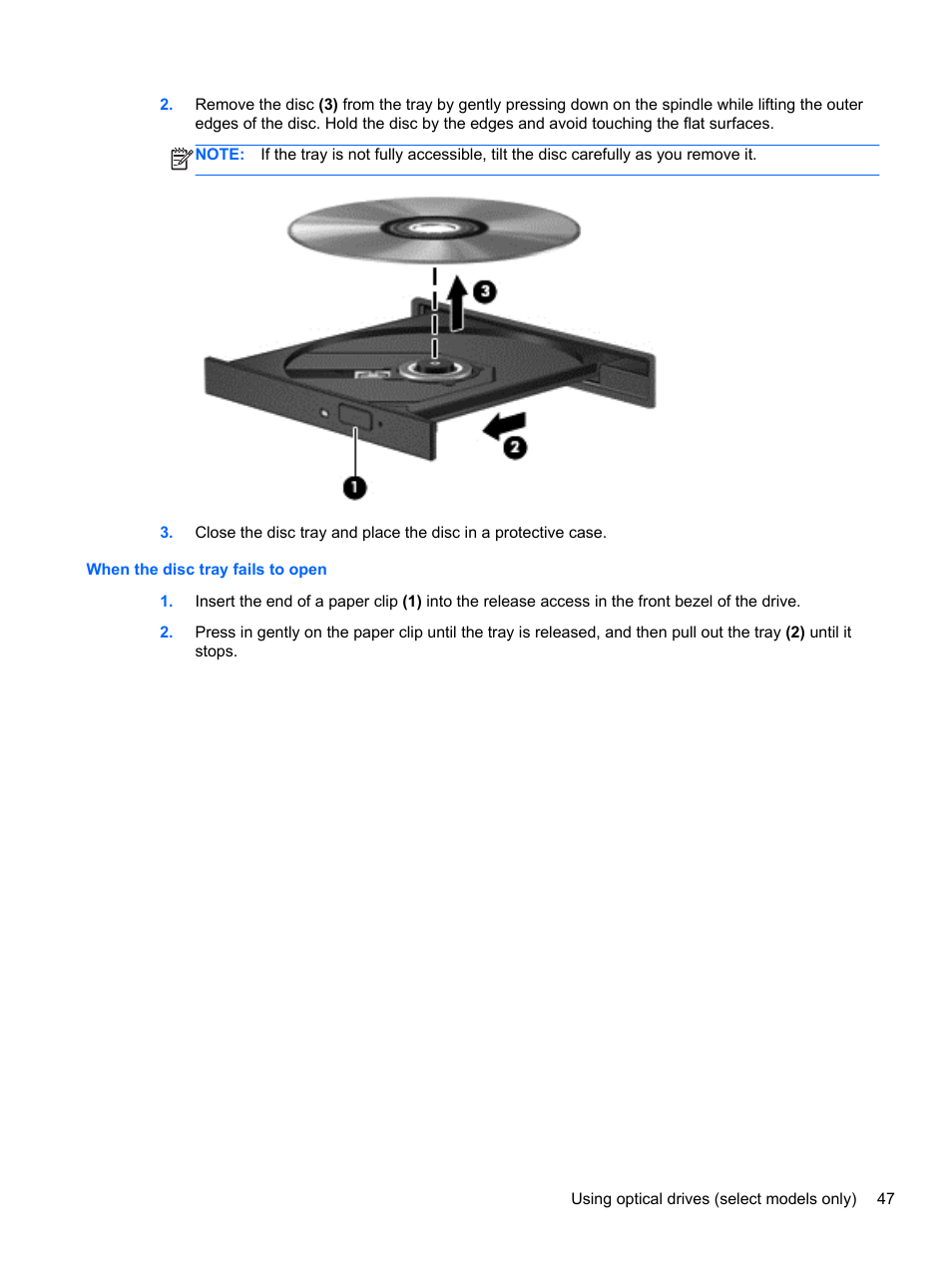 When the disc tray fails to open | HP ProBook 450 G1 Notebook PC User Manual | Page 57 / 95