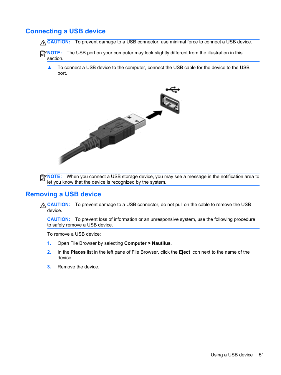 Connecting a usb device, Removing a usb device, Connecting a usb device removing a usb device | HP ProBook 450 G1 Notebook PC User Manual | Page 61 / 95