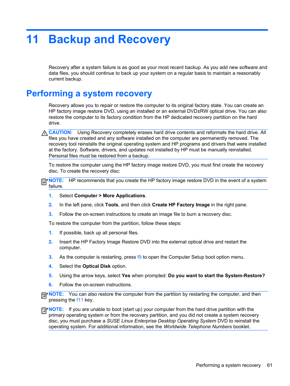 Backup and recovery, Performing a system recovery, 11 backup and recovery | HP ProBook 450 G1 Notebook PC User Manual | Page 71 / 95