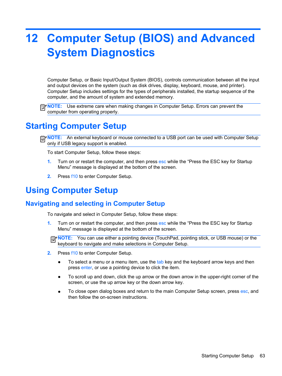 Starting computer setup, Using computer setup, Navigating and selecting in computer setup | Starting computer setup using computer setup | HP ProBook 450 G1 Notebook PC User Manual | Page 73 / 95
