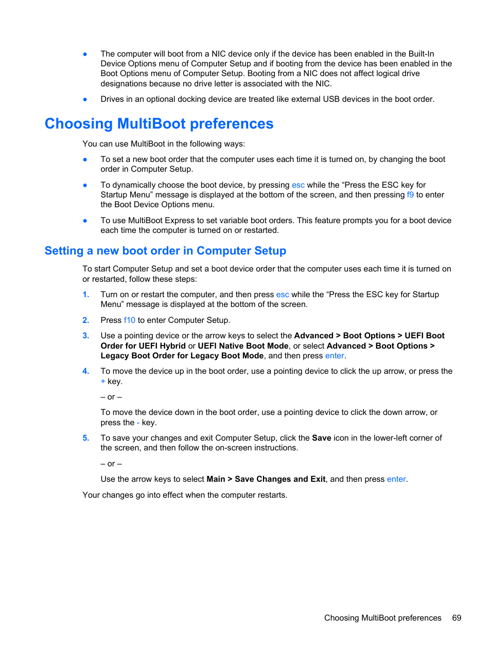 Choosing multiboot preferences, Setting a new boot order in computer setup | HP ProBook 450 G1 Notebook PC User Manual | Page 79 / 95