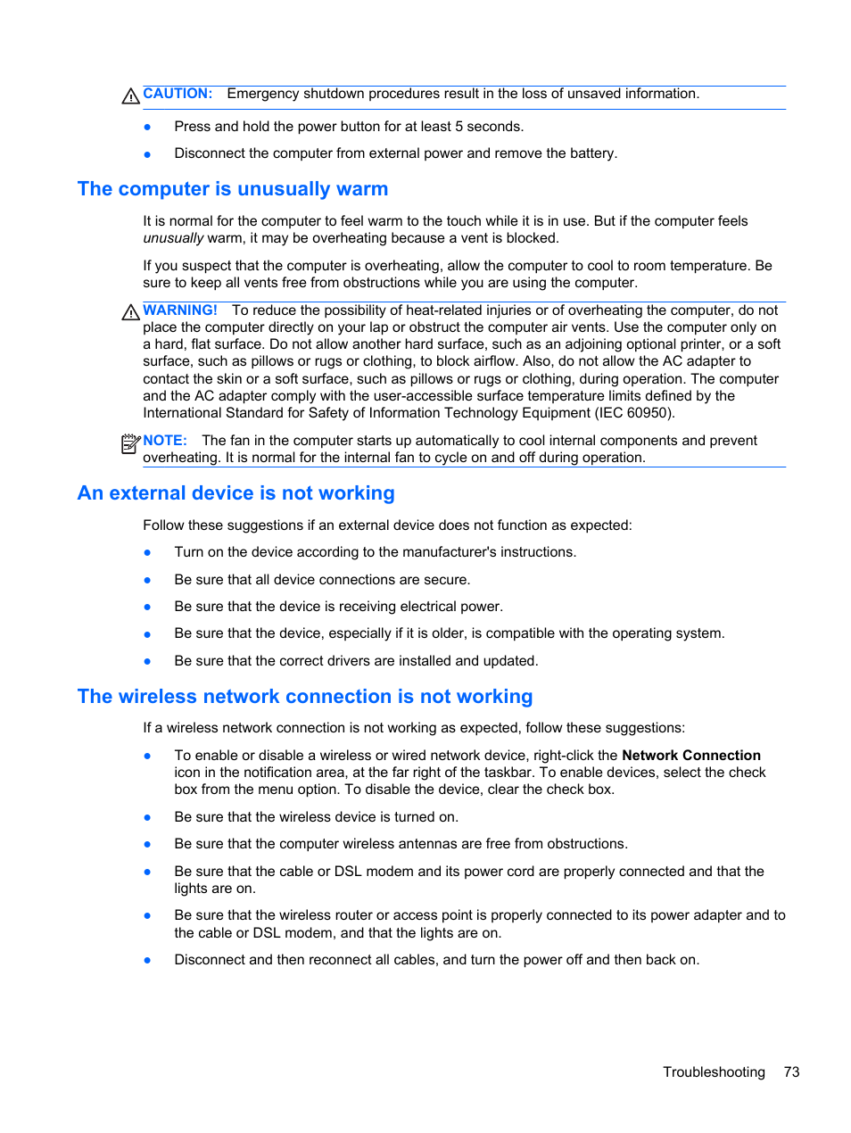 The computer is unusually warm, An external device is not working, The wireless network connection is not working | HP ProBook 450 G1 Notebook PC User Manual | Page 83 / 95