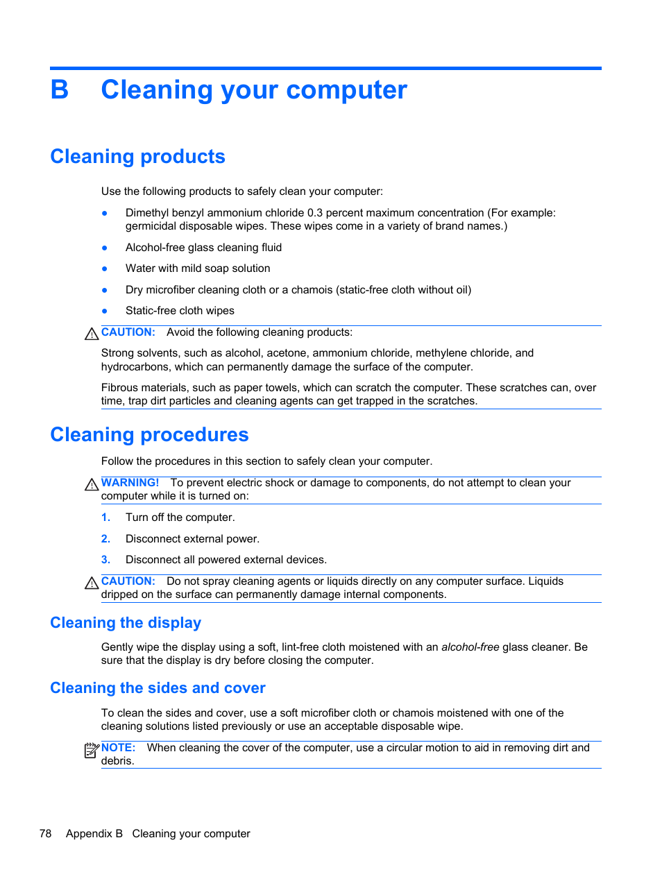 Cleaning your computer, Cleaning products, Cleaning procedures | Cleaning the display, Cleaning the sides and cover, Appendix b cleaning your computer, Cleaning products cleaning procedures, Cleaning the display cleaning the sides and cover, Bcleaning your computer | HP ProBook 450 G1 Notebook PC User Manual | Page 88 / 95