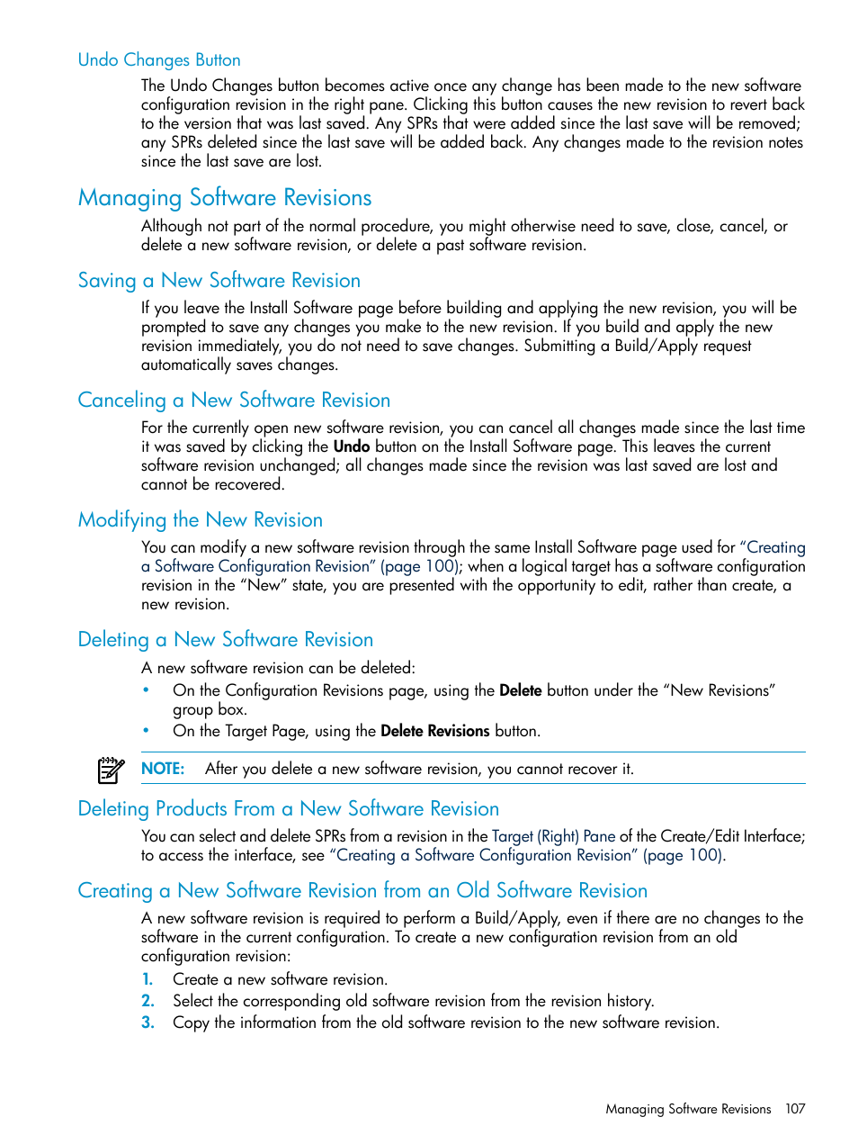Undo changes button, Managing software revisions, Saving a new software revision | Canceling a new software revision, Modifying the new revision, Deleting a new software revision, Deleting products from a new software revision, Modifying | HP Integrity NonStop H-Series User Manual | Page 107 / 252