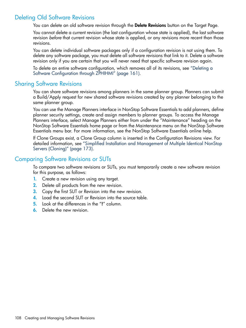 Deleting old software revisions, Sharing software revisions, Comparing software revisions or suts | HP Integrity NonStop H-Series User Manual | Page 108 / 252