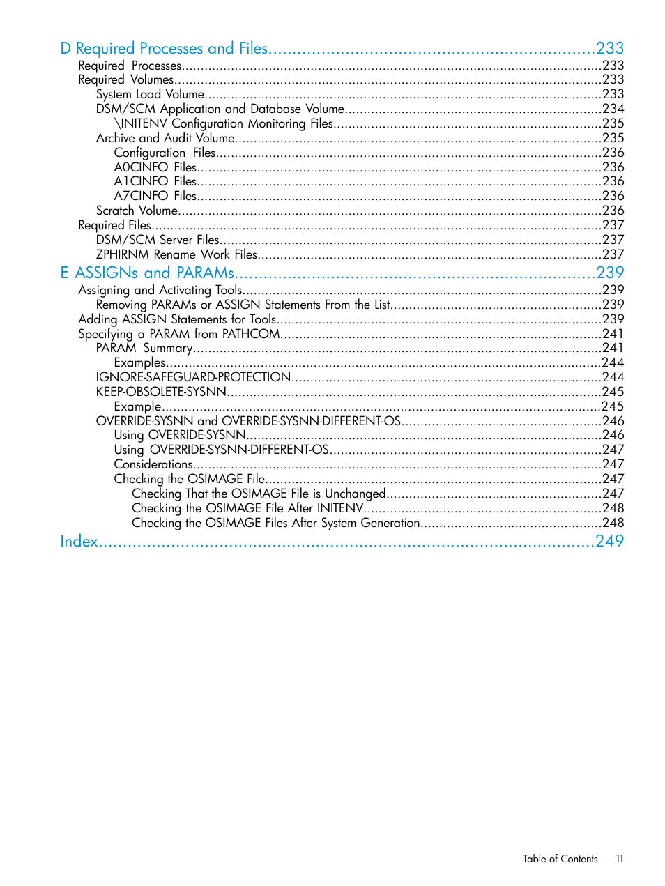 D required processes and files, E assigns and params, Index | HP Integrity NonStop H-Series User Manual | Page 11 / 252