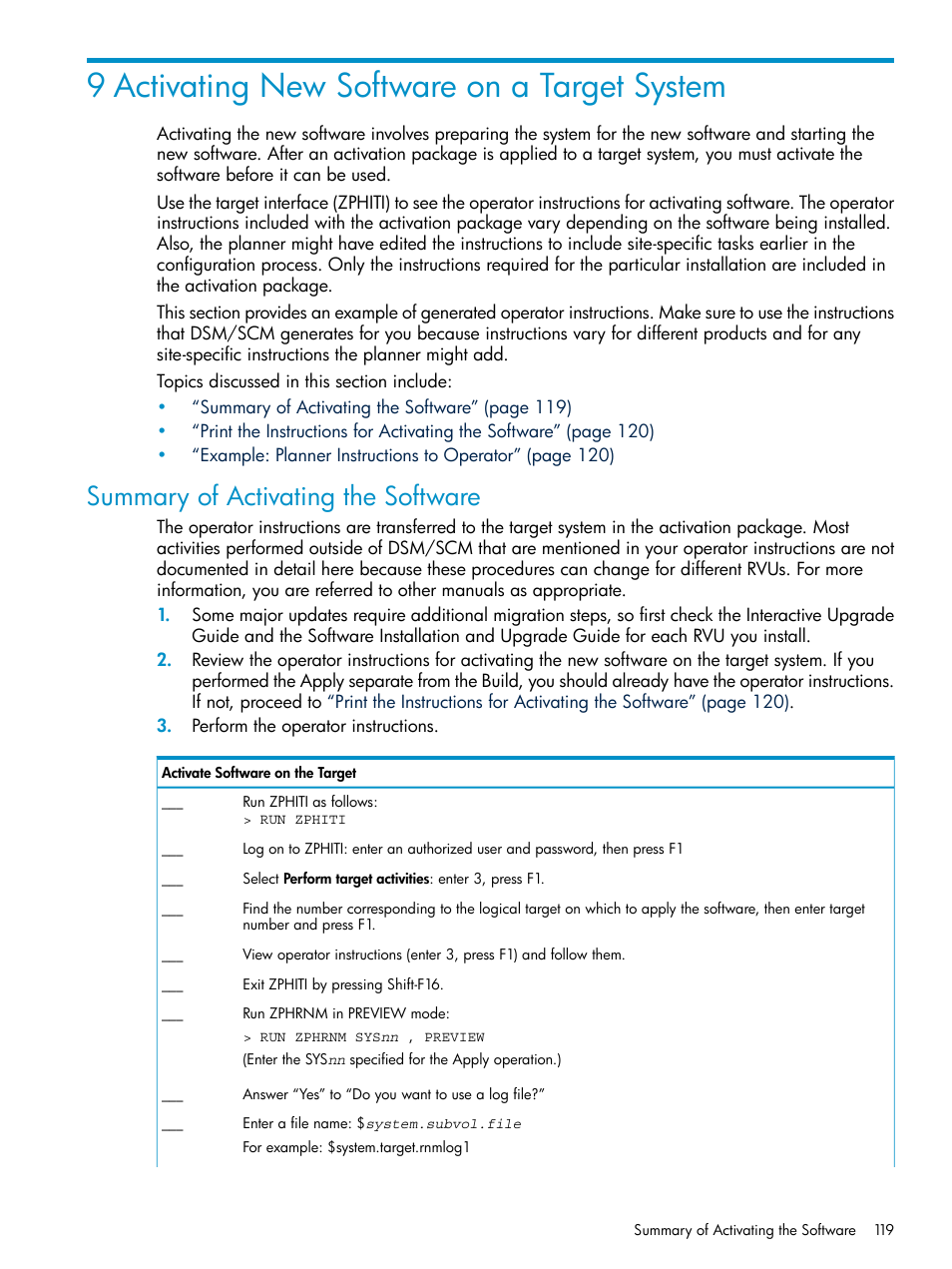 9 activating new software on a target system, Summary of activating the software, Chapter 9: “activating new software on a target | System | HP Integrity NonStop H-Series User Manual | Page 119 / 252