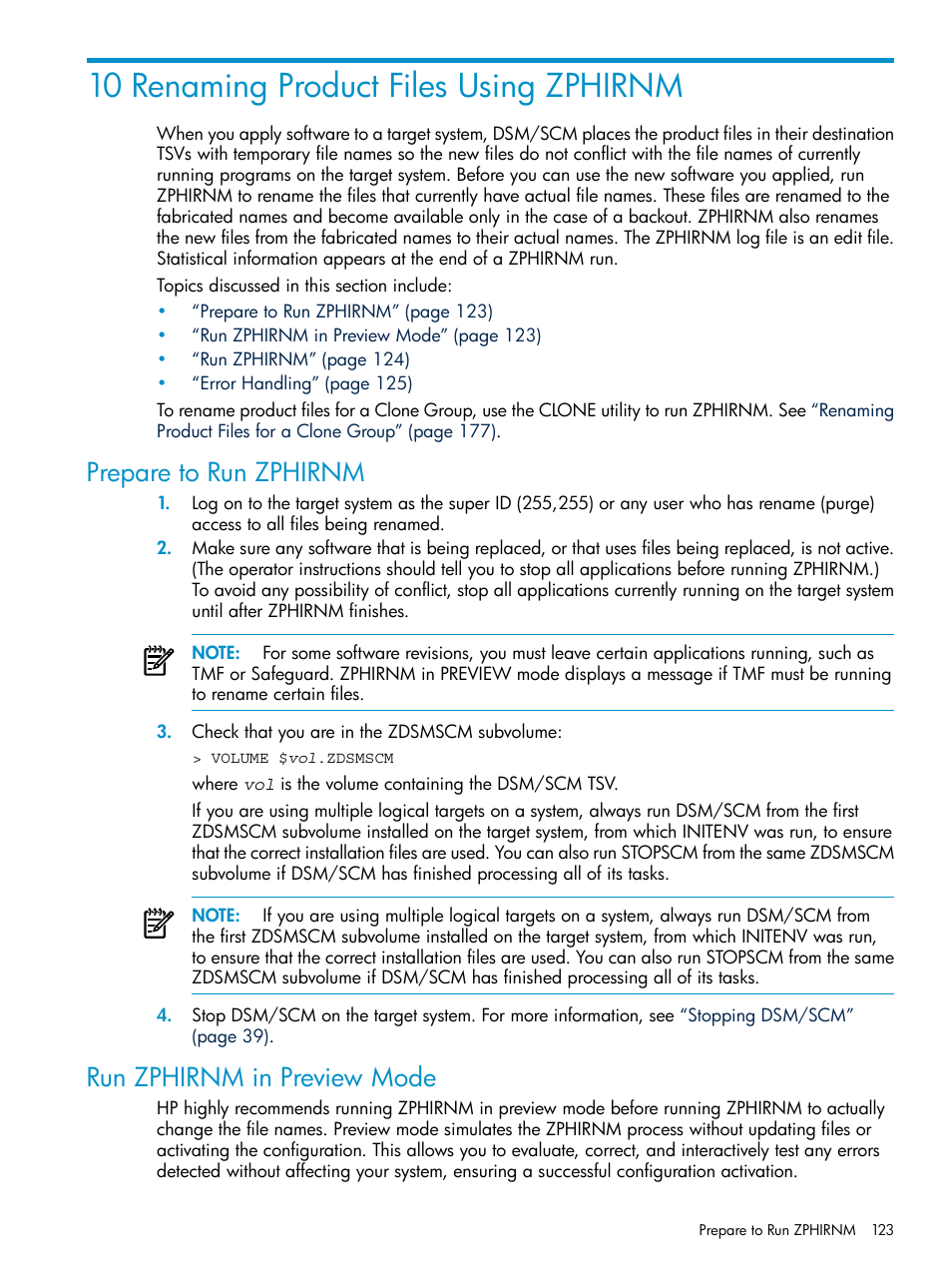 10 renaming product files using zphirnm, Prepare to run zphirnm, Run zphirnm in preview mode | Prepare to run zphirnm run zphirnm in preview mode, Chapter 10: renaming product files using zphirnm, Chapter 10, Renaming product files using zphirnm, Chapter 10: “renaming product files using zphirnm | HP Integrity NonStop H-Series User Manual | Page 123 / 252