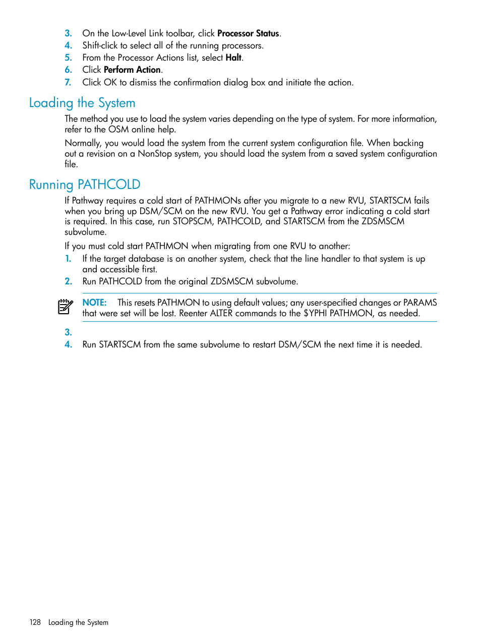 Loading the system, Running pathcold, Loading the system running pathcold | HP Integrity NonStop H-Series User Manual | Page 128 / 252