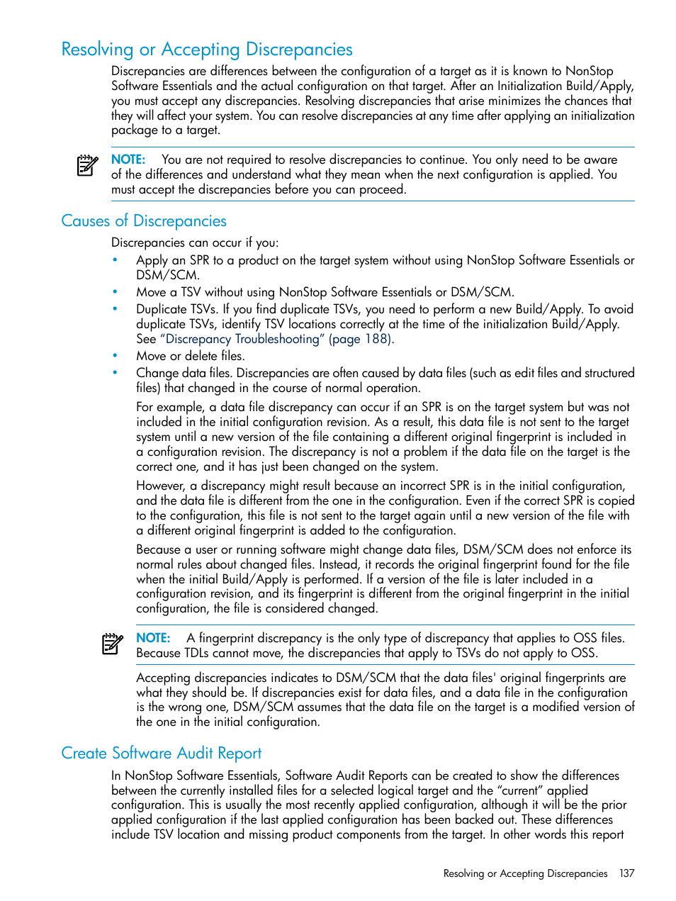 Resolving or accepting discrepancies, Causes of discrepancies, Create software audit report | HP Integrity NonStop H-Series User Manual | Page 137 / 252