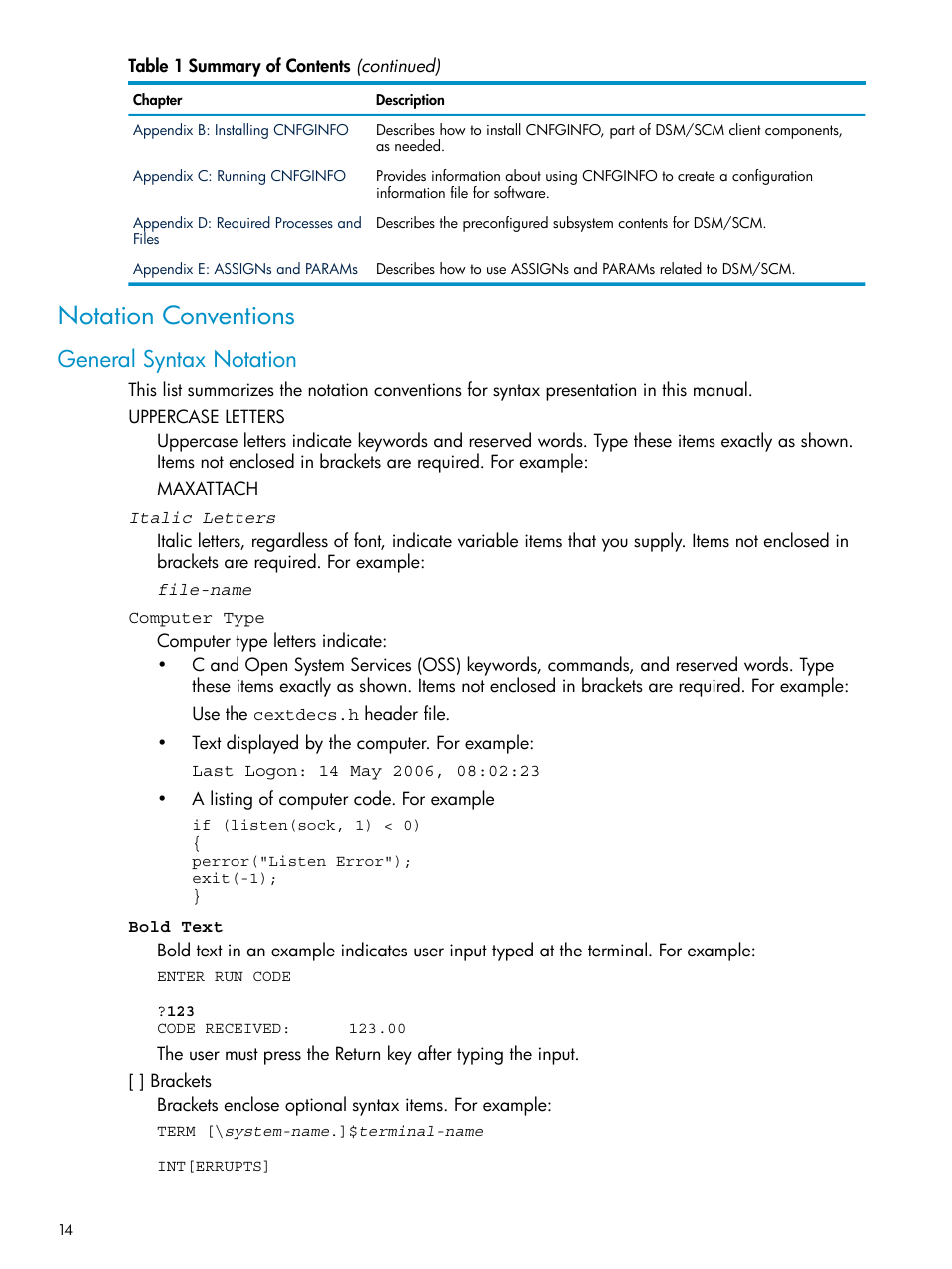 Notation conventions, General syntax notation | HP Integrity NonStop H-Series User Manual | Page 14 / 252
