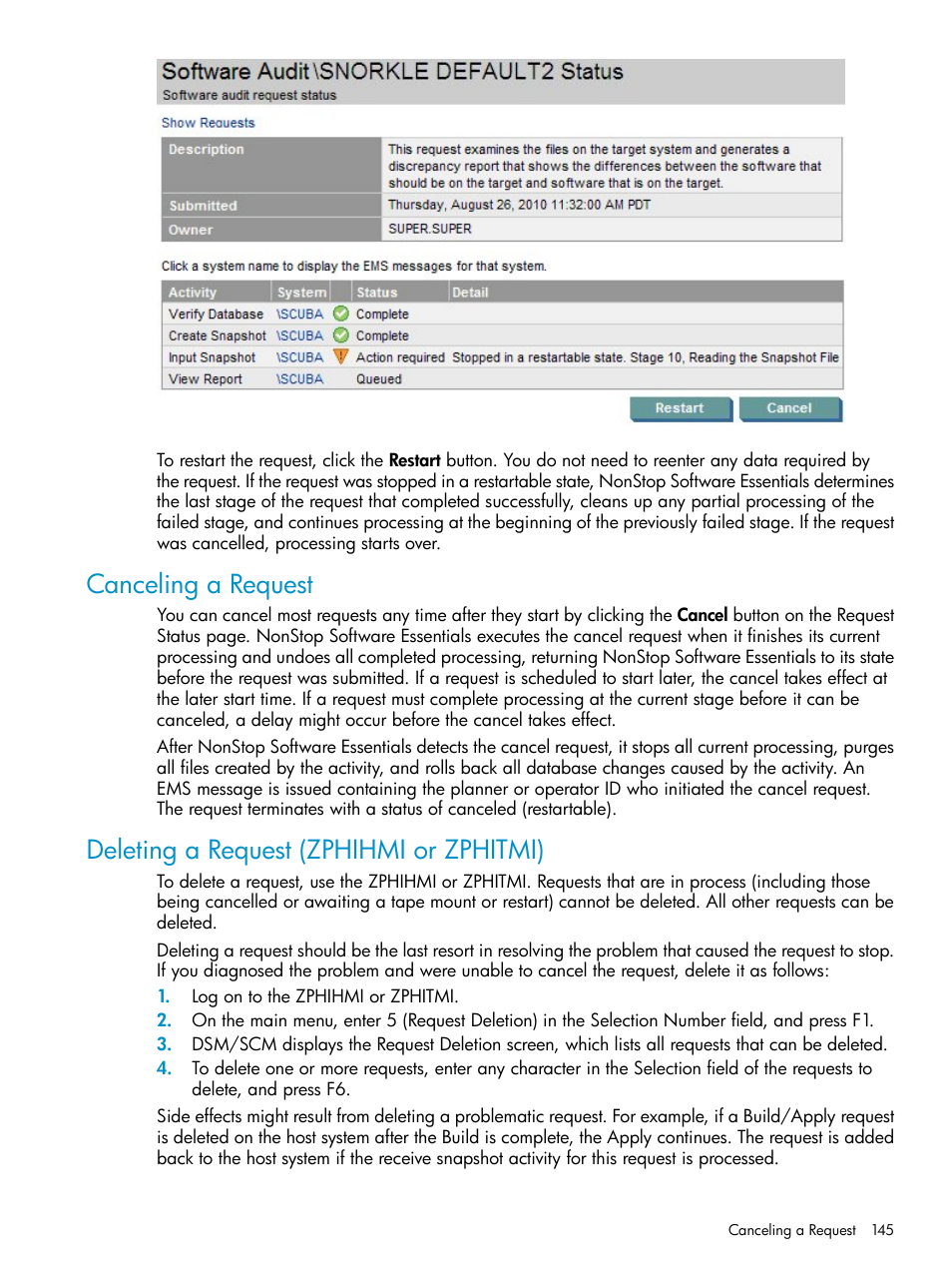 Canceling a request, Deleting a request (zphihmi or zphitmi) | HP Integrity NonStop H-Series User Manual | Page 145 / 252