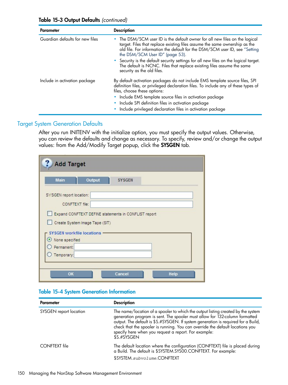 Target system generation defaults, Target | HP Integrity NonStop H-Series User Manual | Page 150 / 252