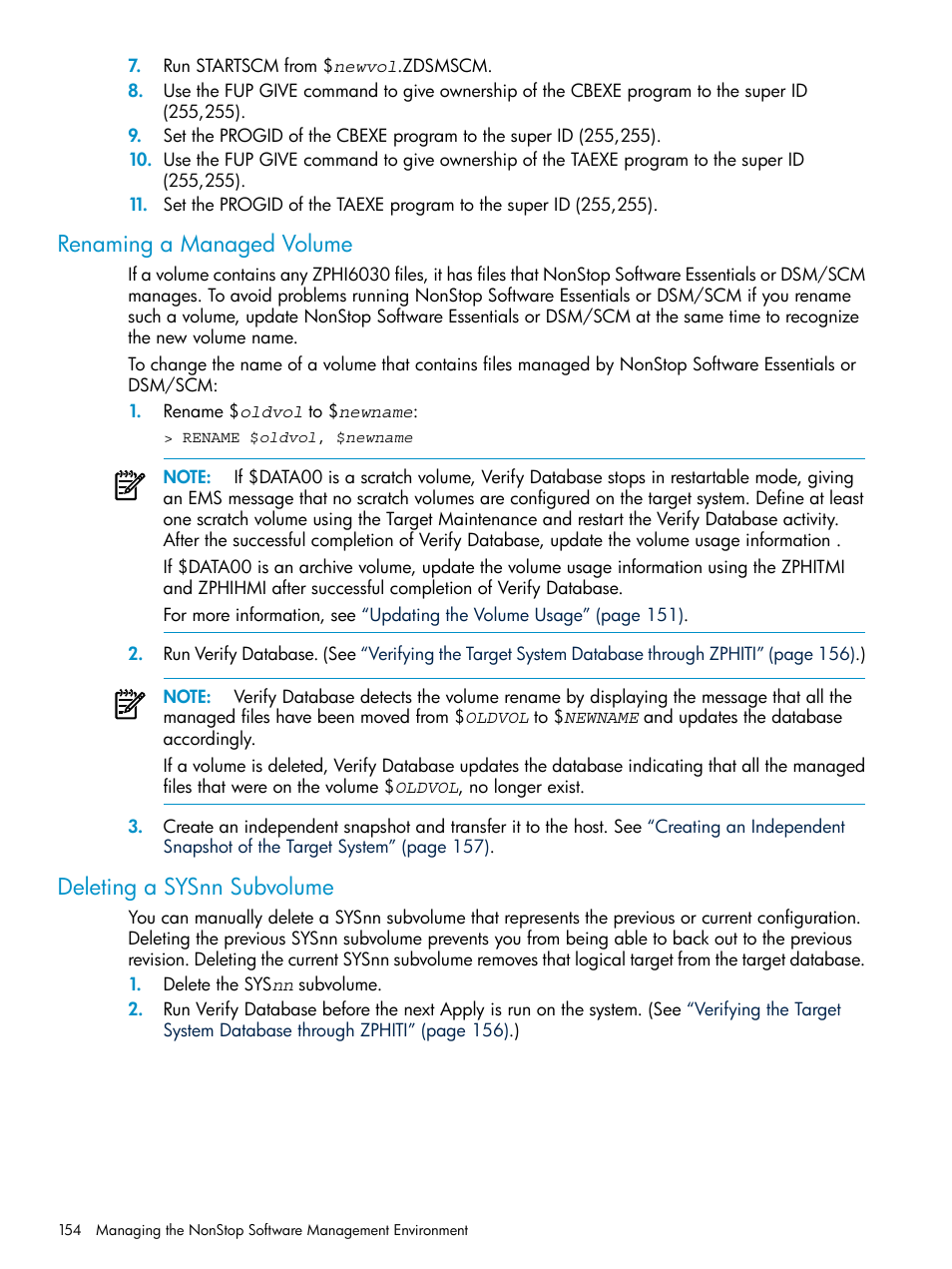 Renaming a managed volume, Deleting a sysnn subvolume | HP Integrity NonStop H-Series User Manual | Page 154 / 252