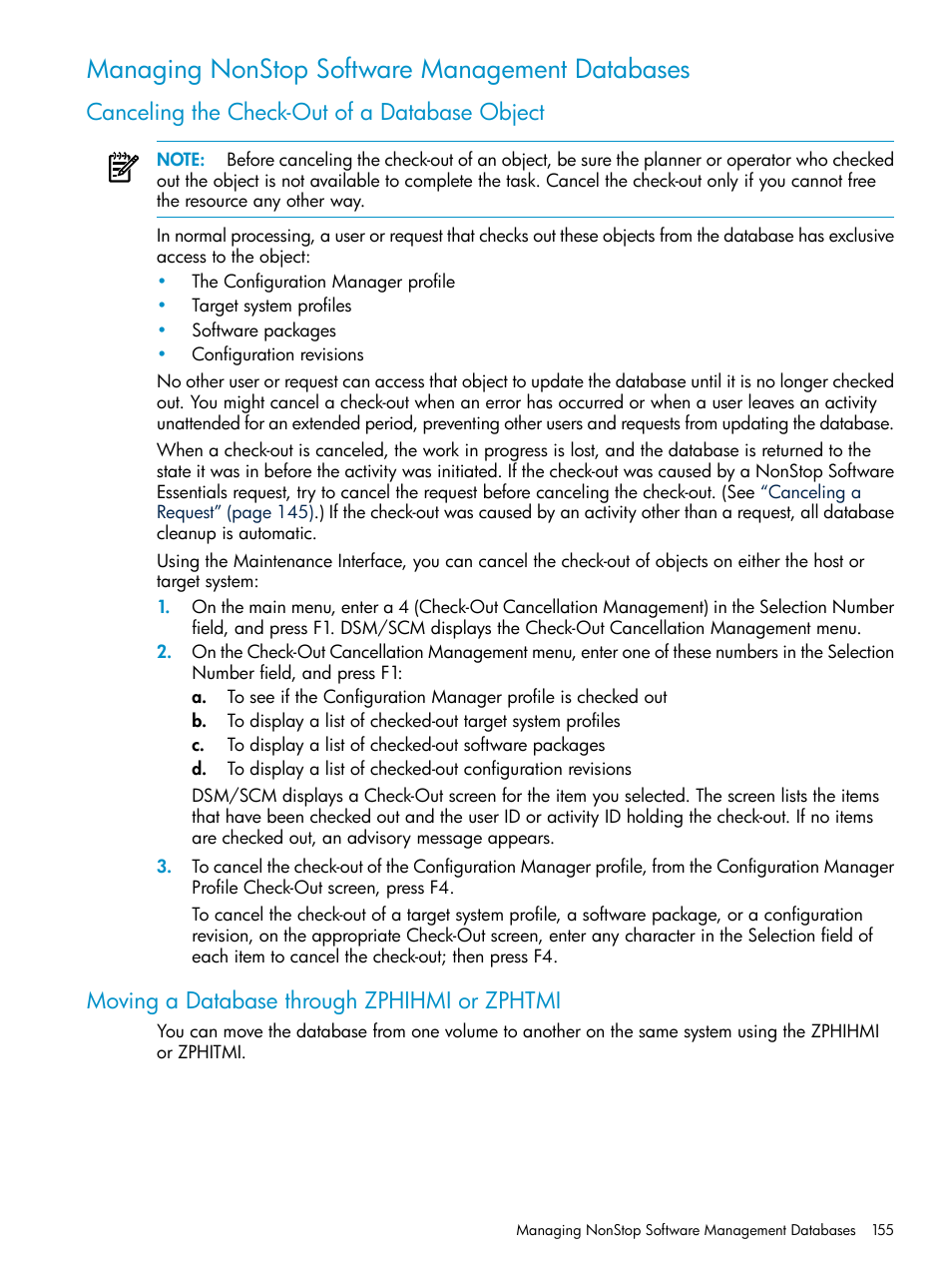 Managing nonstop software management databases, Canceling the check-out of a database object, Moving a database through zphihmi or zphtmi | HP Integrity NonStop H-Series User Manual | Page 155 / 252