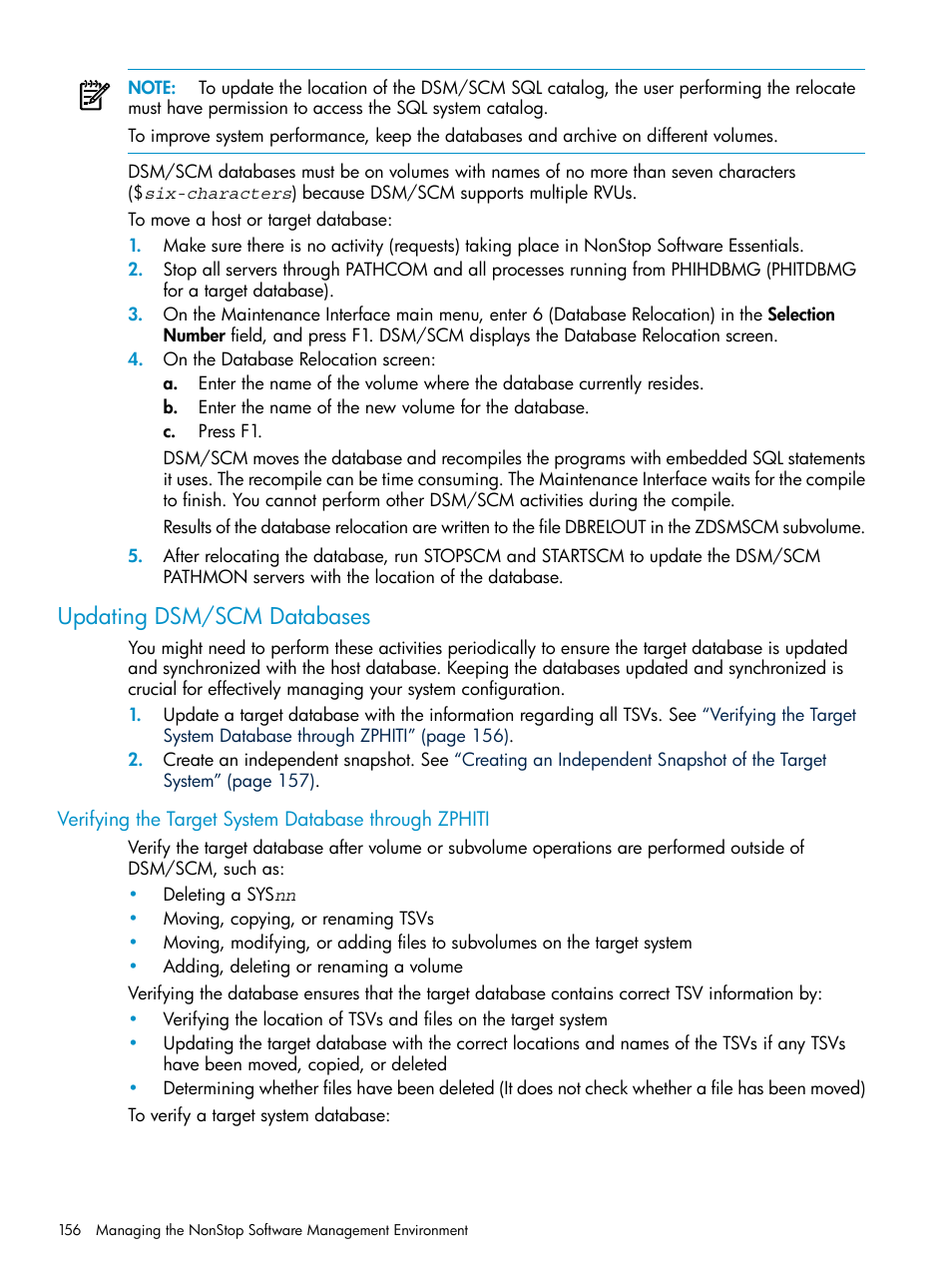 Updating dsm/scm databases, Verifying the target system database through, Verifying the target system database | Verifying the target | HP Integrity NonStop H-Series User Manual | Page 156 / 252