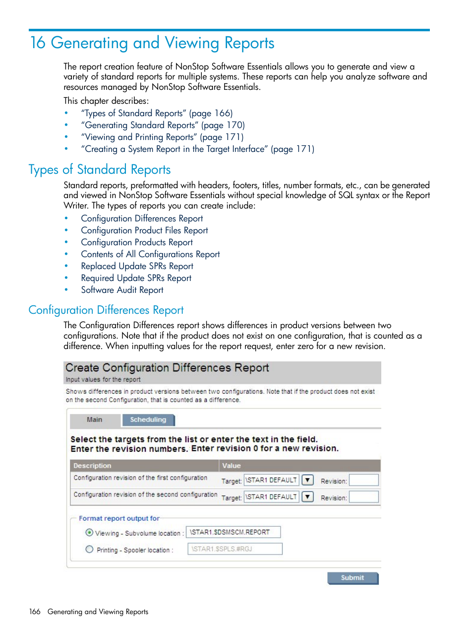 16 generating and viewing reports, Types of standard reports, Configuration differences report | Chapter 16: generating and viewing reports, Chapter 16: “generating and viewing reports | HP Integrity NonStop H-Series User Manual | Page 166 / 252
