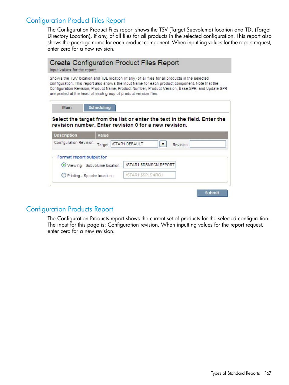 Configuration product files report, Configuration products report | HP Integrity NonStop H-Series User Manual | Page 167 / 252