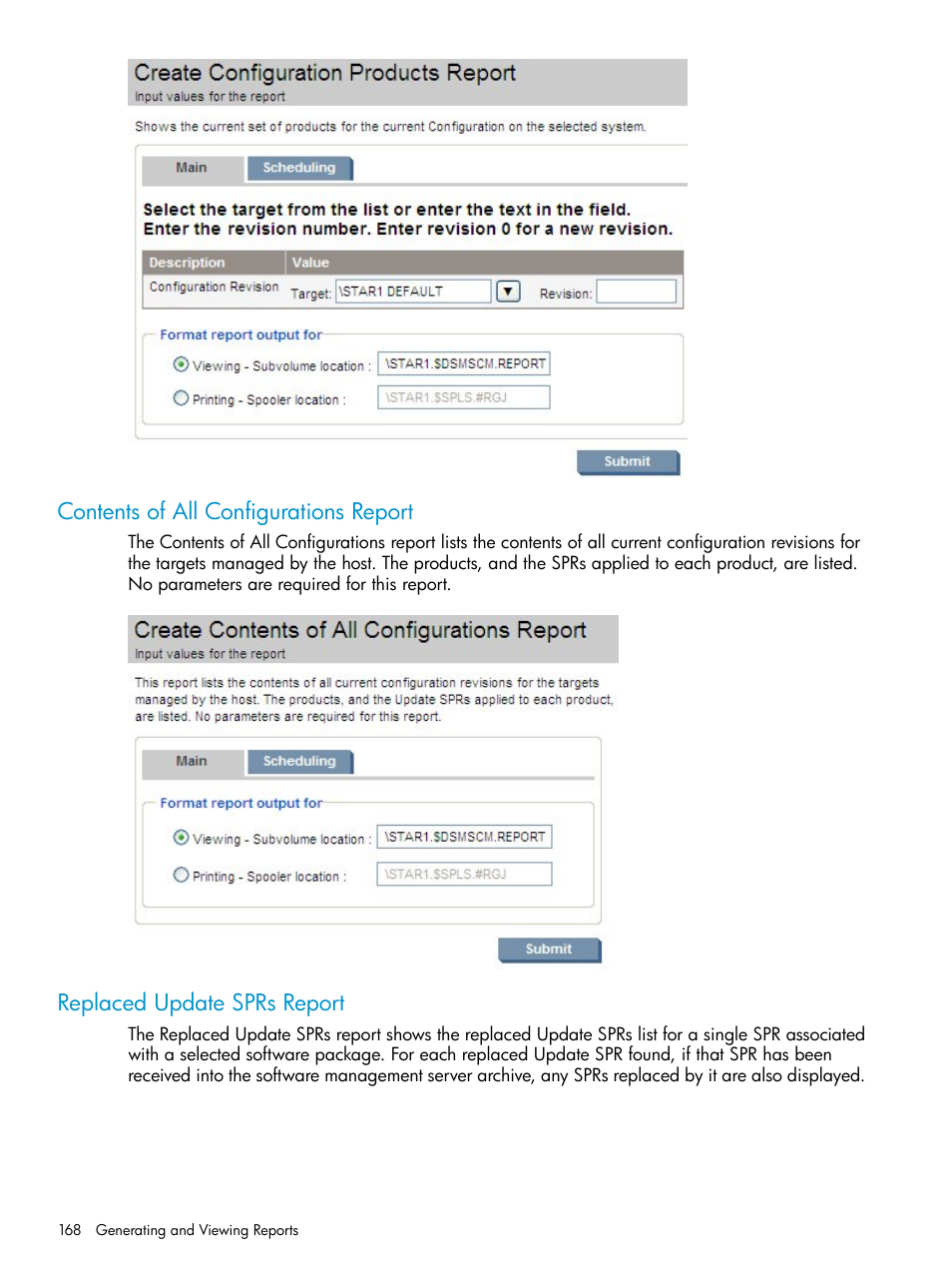 Contents of all configurations report, Replaced update sprs report | HP Integrity NonStop H-Series User Manual | Page 168 / 252