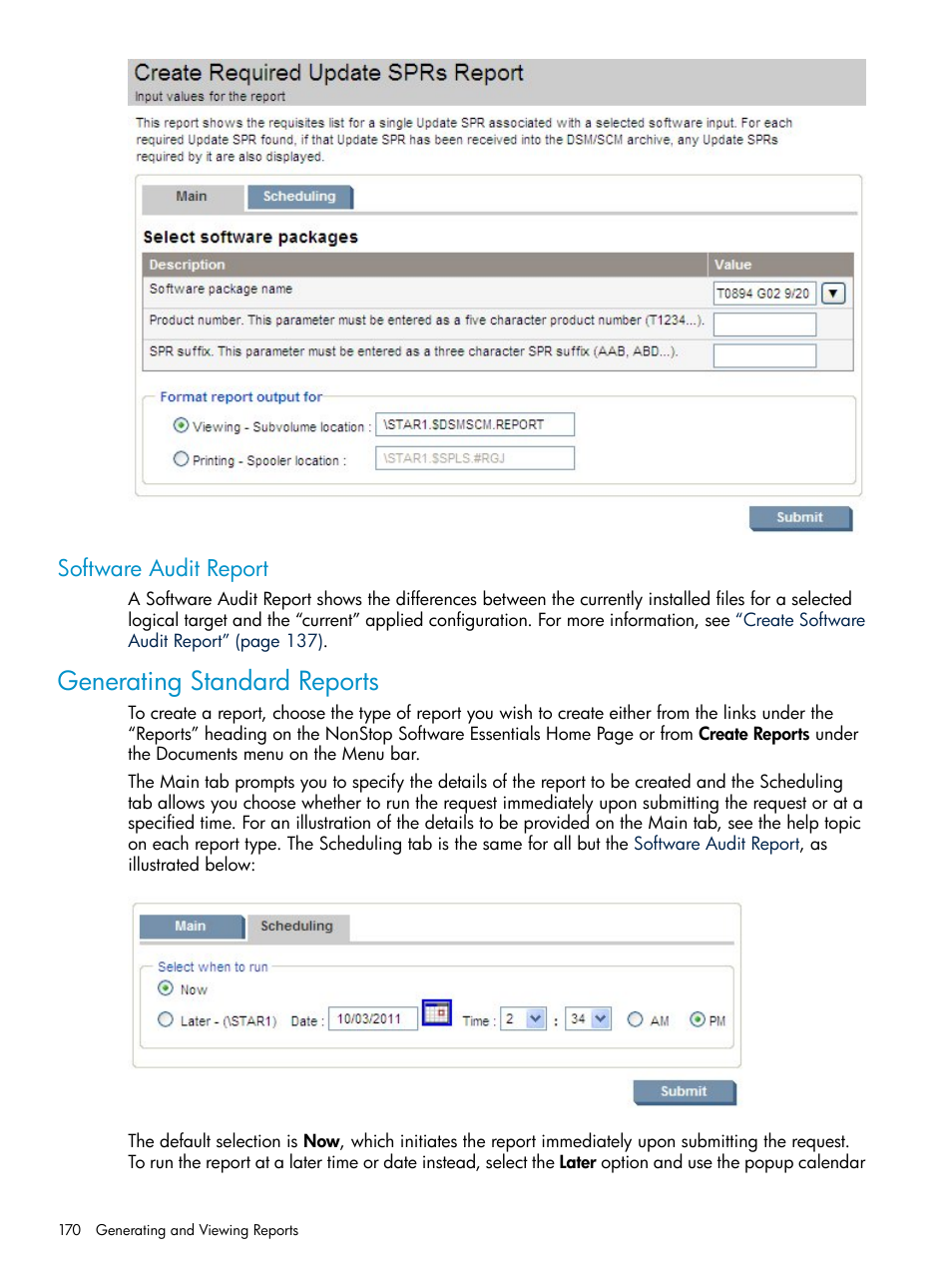 Software audit report, Generating standard reports | HP Integrity NonStop H-Series User Manual | Page 170 / 252