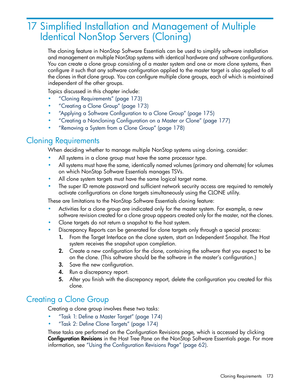 Cloning requirements, Creating a clone group, Cloning requirements creating a clone group | Cloning), Servers (cloning), Chapter 17: simplified installation and | HP Integrity NonStop H-Series User Manual | Page 173 / 252