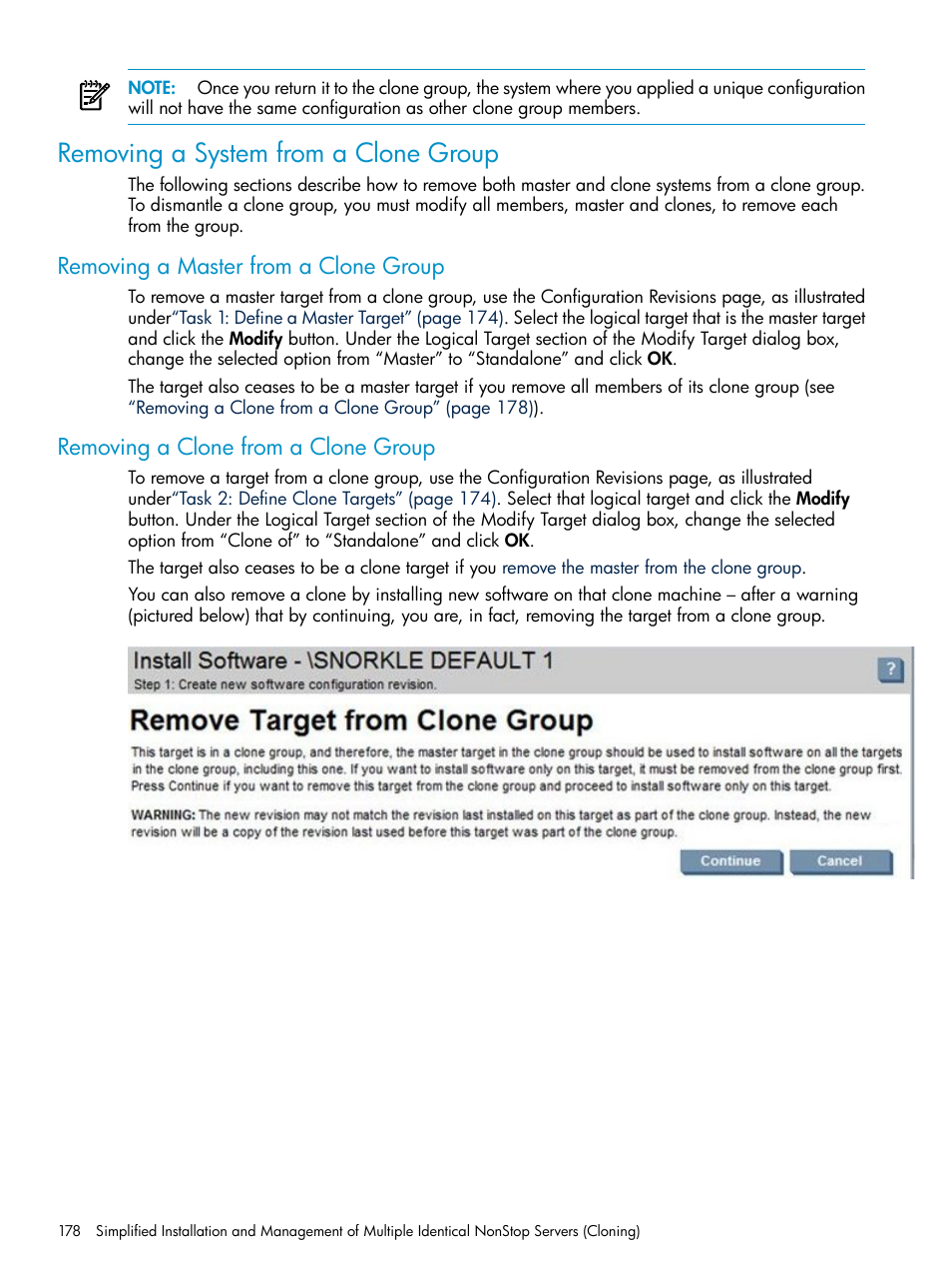 Removing a system from a clone group, Removing a master from a clone group, Removing a clone from a clone group | HP Integrity NonStop H-Series User Manual | Page 178 / 252