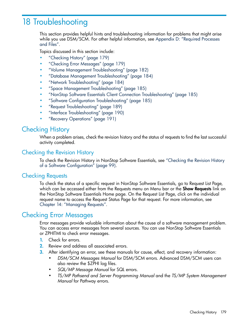 18 troubleshooting, Checking history, Checking the revision history | Checking requests, Checking error messages, Checking the revision history checking requests, Chapter 18: troubleshooting | HP Integrity NonStop H-Series User Manual | Page 179 / 252