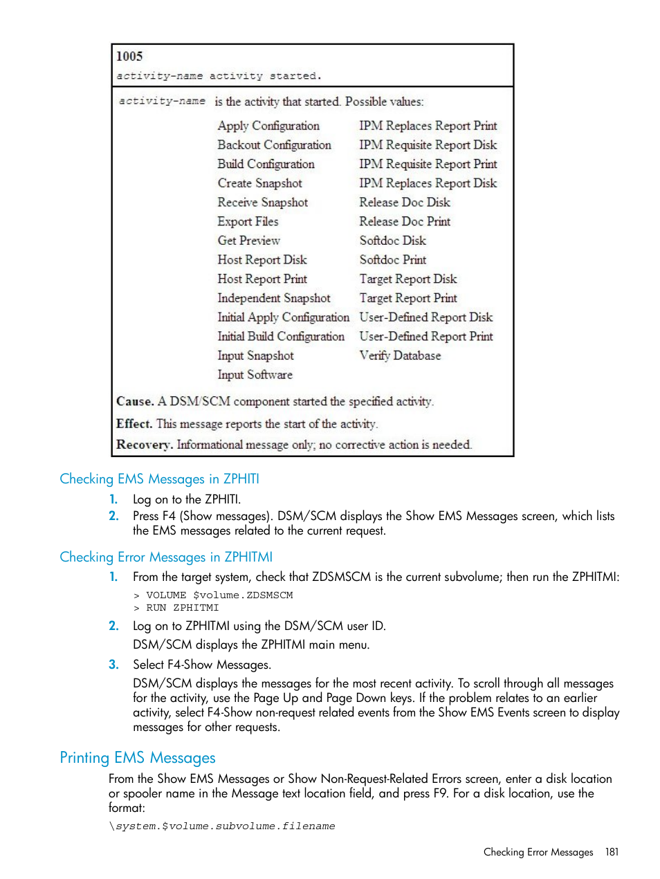 Checking ems messages in zphiti, Checking error messages in zphitmi, Printing ems messages | HP Integrity NonStop H-Series User Manual | Page 181 / 252