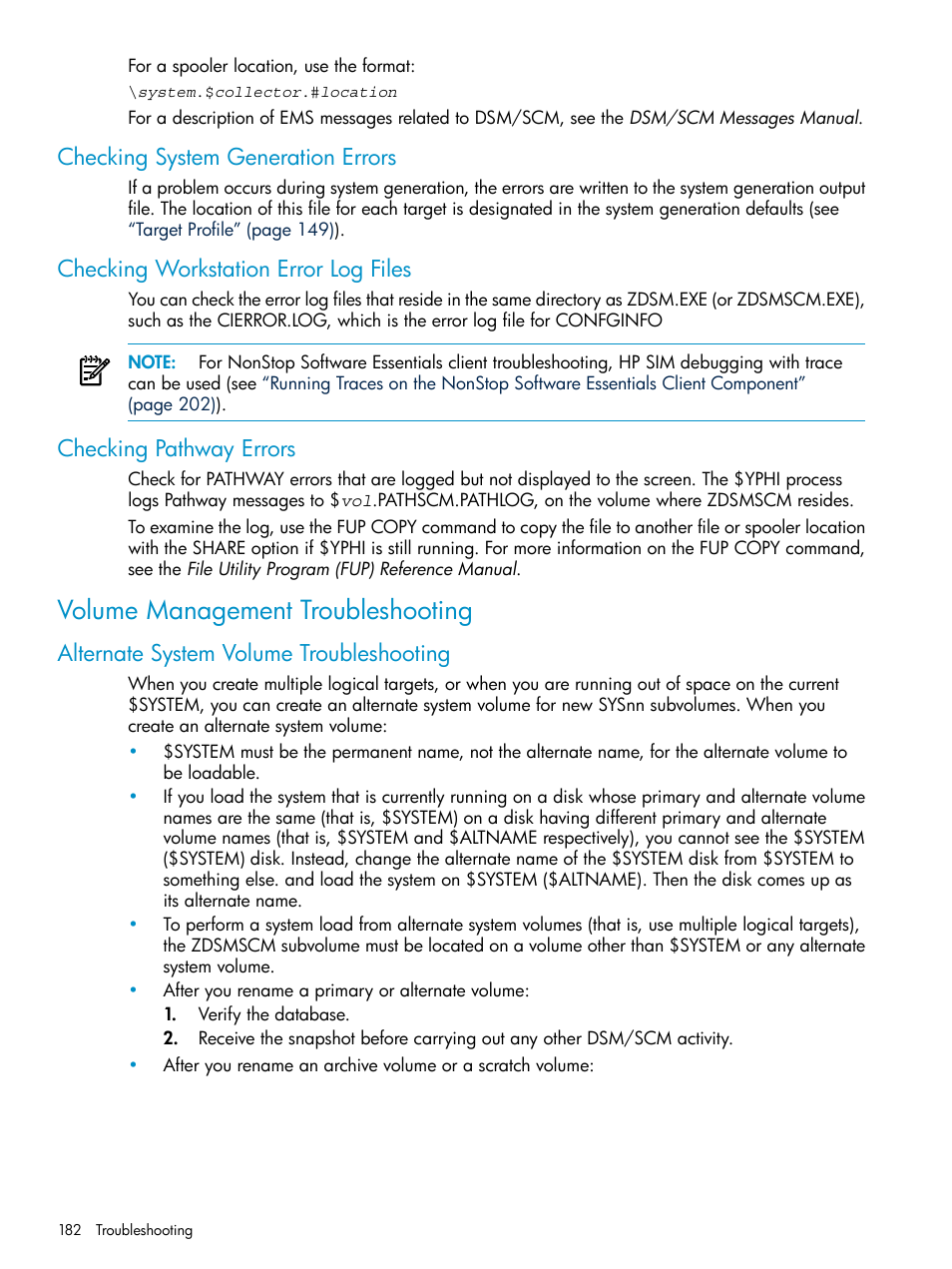 Checking system generation errors, Checking workstation error log files, Checking pathway errors | Volume management troubleshooting, Alternate system volume troubleshooting | HP Integrity NonStop H-Series User Manual | Page 182 / 252